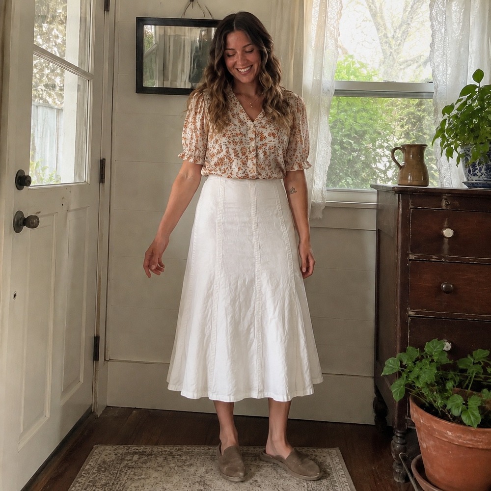 White Linen Skirt Women 12 Christopher & Banks Midi Boho Granny Cottage Beachy